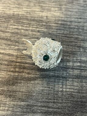Sterling Silver Floral 🐡 PufferFish Charm with Green Gem Eyes.